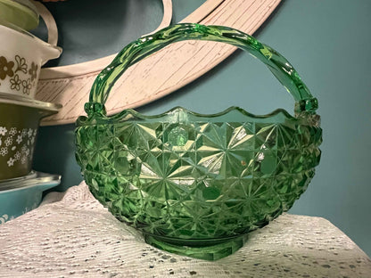 Imperial Glass Daisy Button Green Basket | 6.25" Vintage Cut Glass | Vintage Glassware