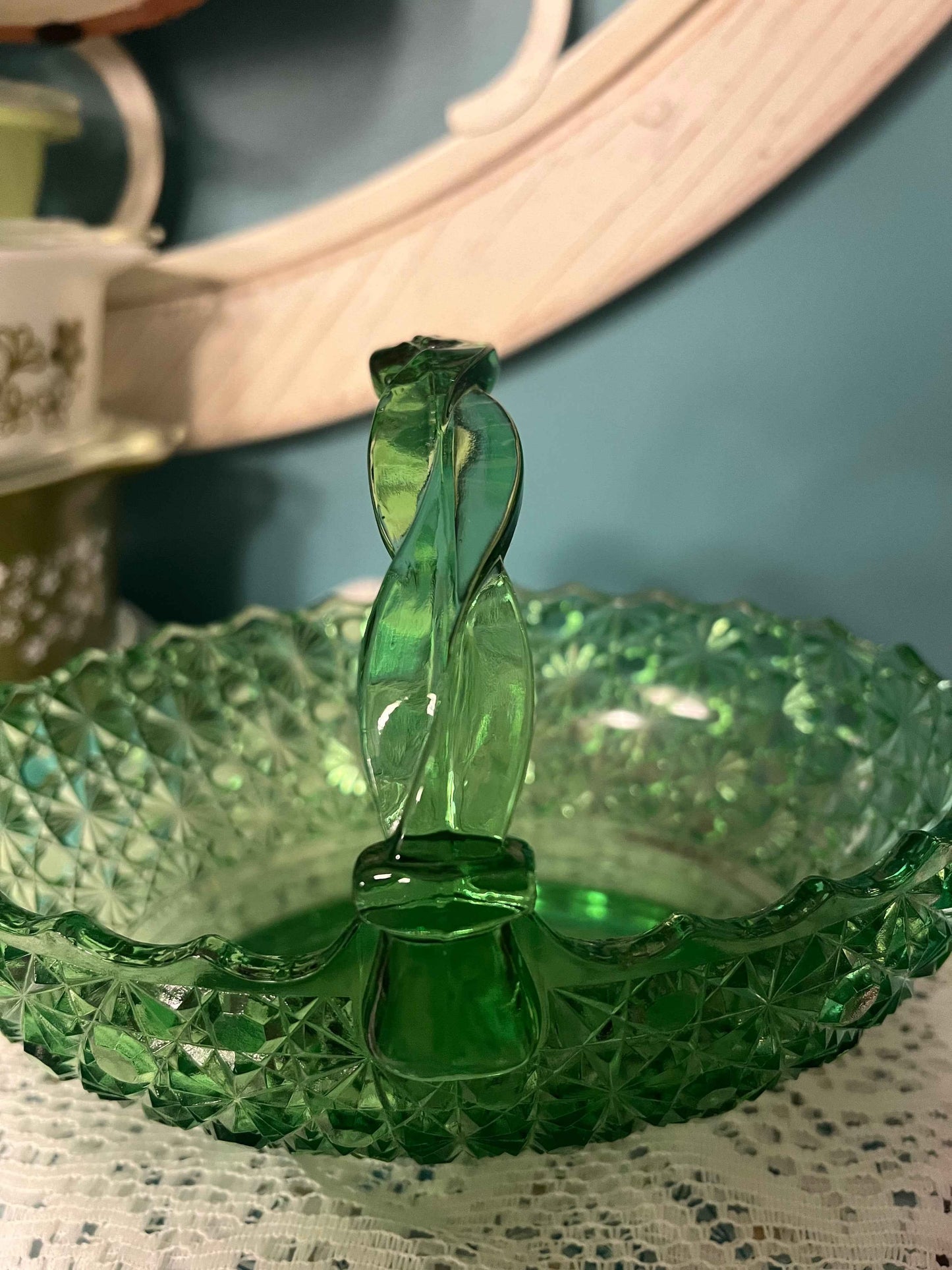 Imperial Glass Daisy Button Green Basket | 6.25" Vintage Cut Glass | Vintage Glassware