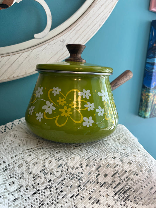 Vintage 1970s Imperial enamel fondue pot with wood handle