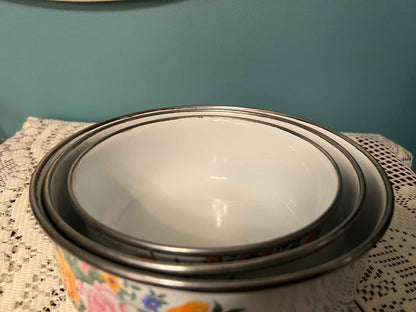Vintage Imperial Garden Enamel Nesting Bowls | Cottagecore Farmhouse Kitchenware