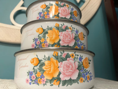 Vintage Imperial Garden Enamel Nesting Bowls | Cottagecore Farmhouse Kitchenware