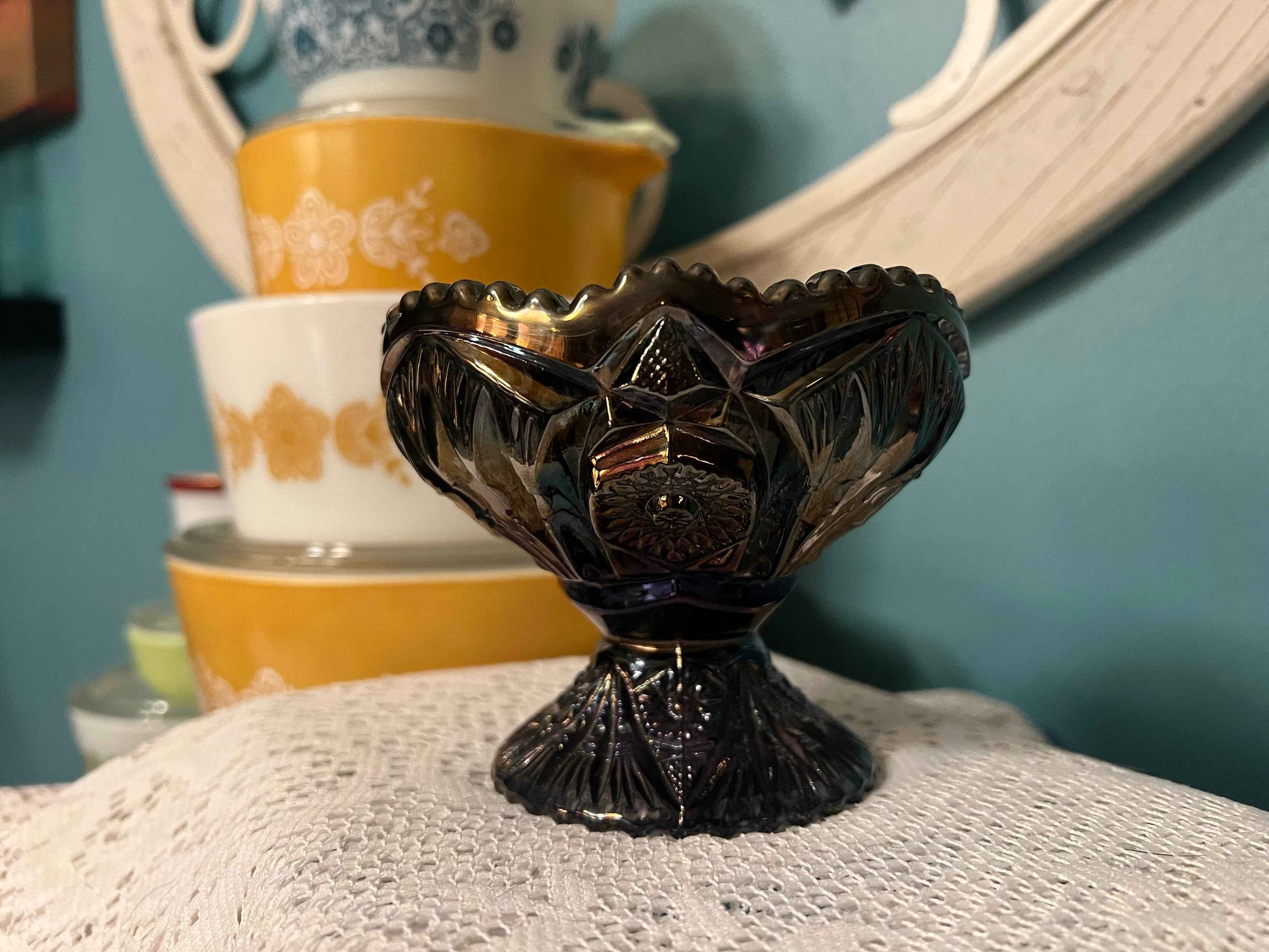 Imperial Carnival Glass Amethyst Hobstar Bowl | Sawtooth Rim Compote Candy Dish | Iridescent Pressed Glass