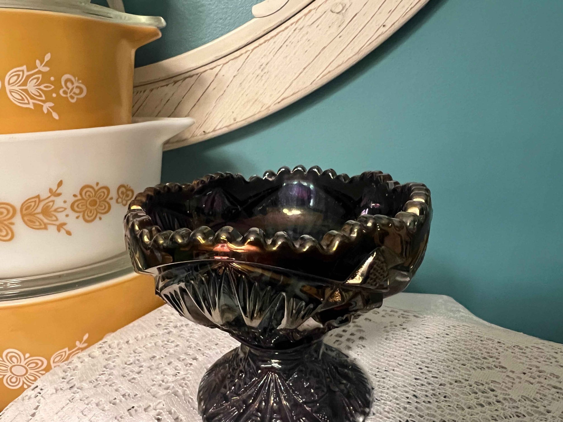 Imperial Carnival Glass Amethyst Hobstar Bowl | Sawtooth Rim Compote Candy Dish | Iridescent Pressed Glass