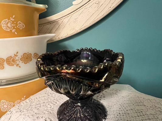 Imperial Carnival Glass Amethyst Hobstar Bowl | Sawtooth Rim Compote Candy Dish | Iridescent Pressed Glass