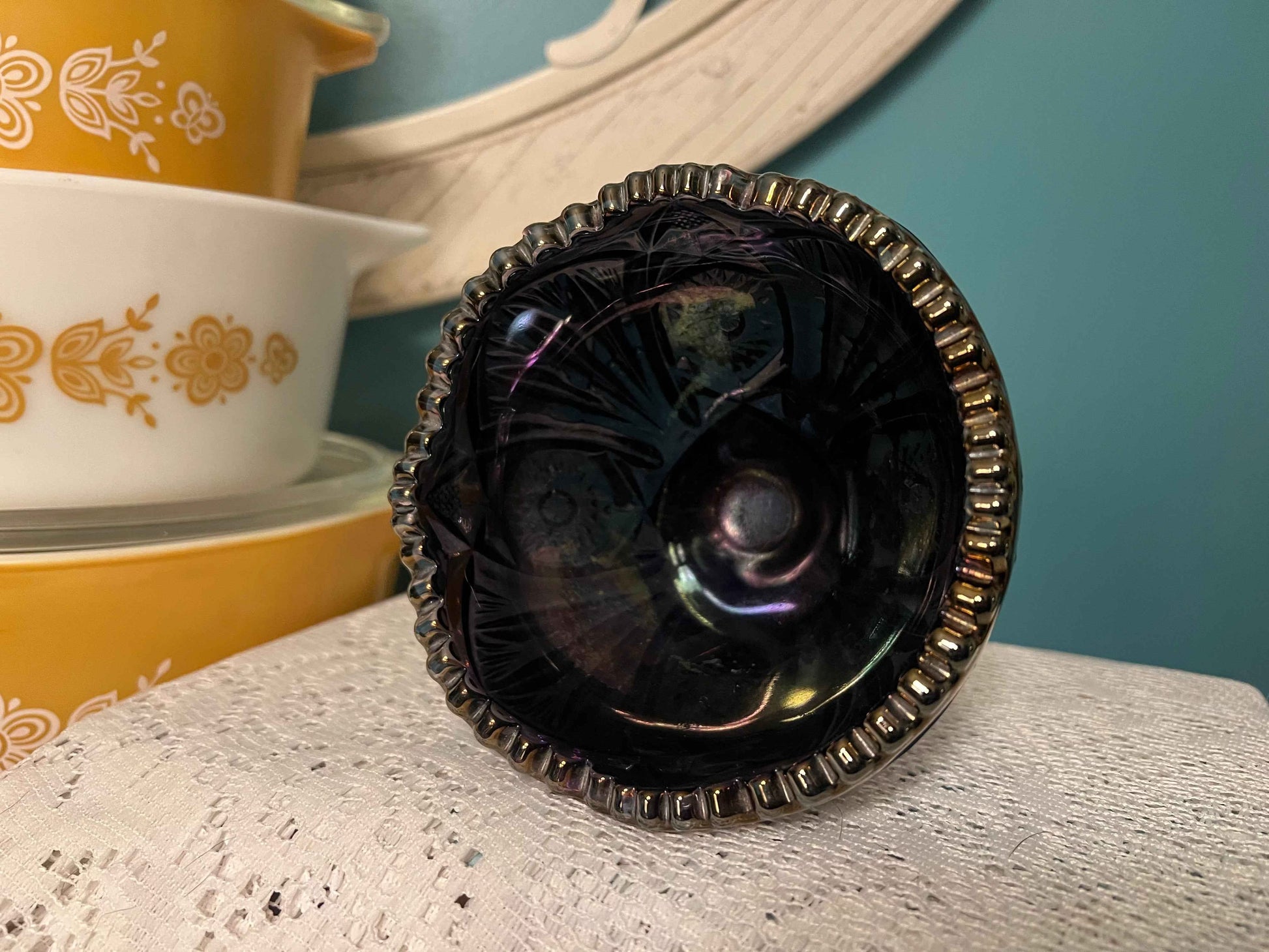 Imperial Carnival Glass Amethyst Hobstar Bowl | Sawtooth Rim Compote Candy Dish | Iridescent Pressed Glass