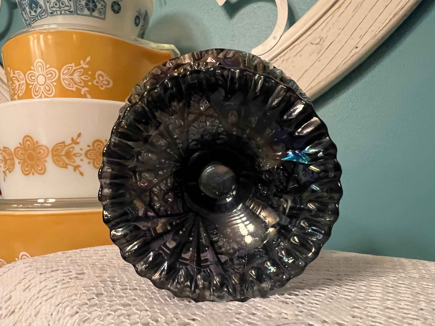 Imperial Carnival Glass Amethyst Hobstar Bowl | Sawtooth Rim Compote Candy Dish | Iridescent Pressed Glass