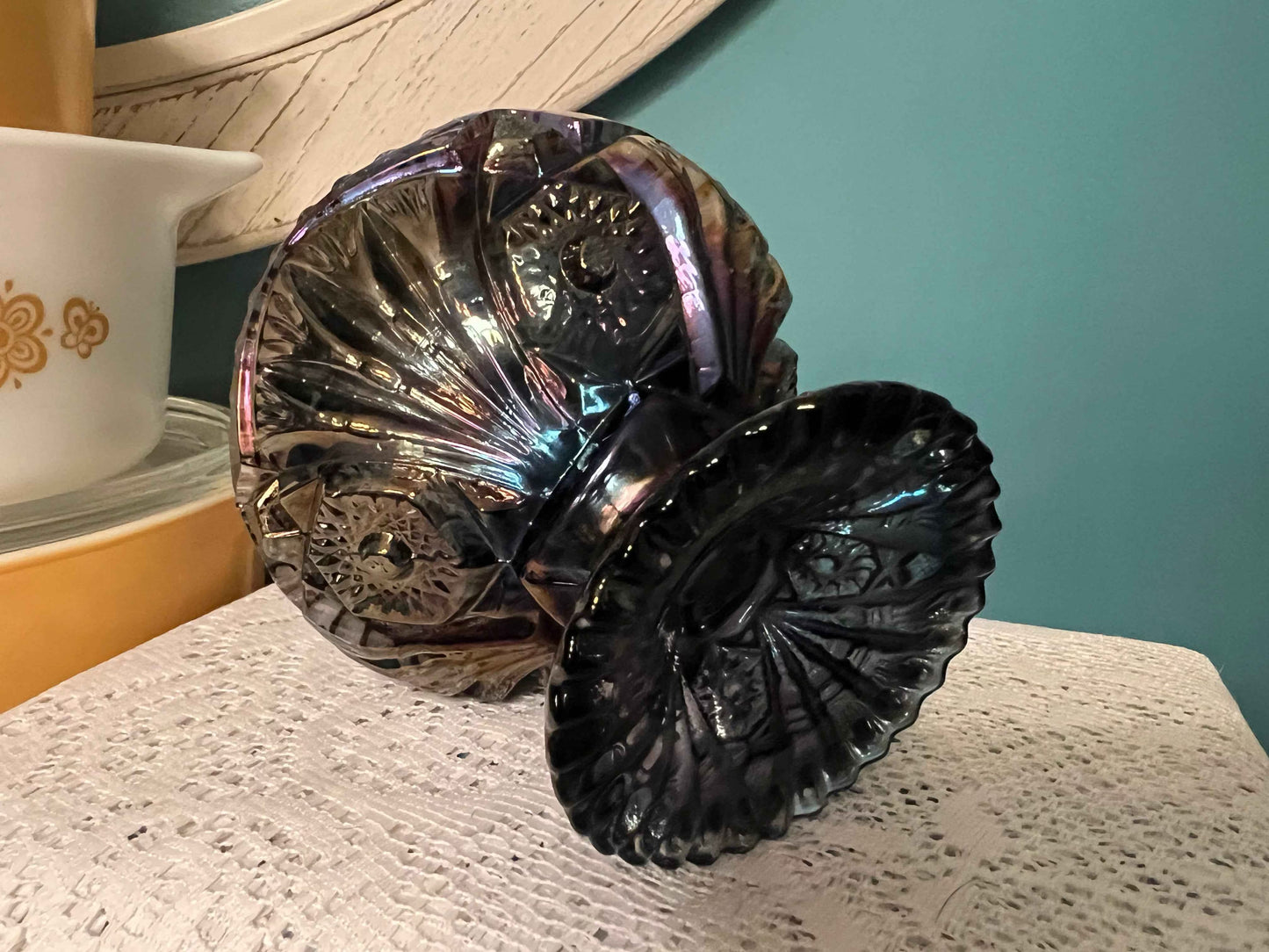 Imperial Carnival Glass Amethyst Hobstar Bowl | Sawtooth Rim Compote Candy Dish | Iridescent Pressed Glass