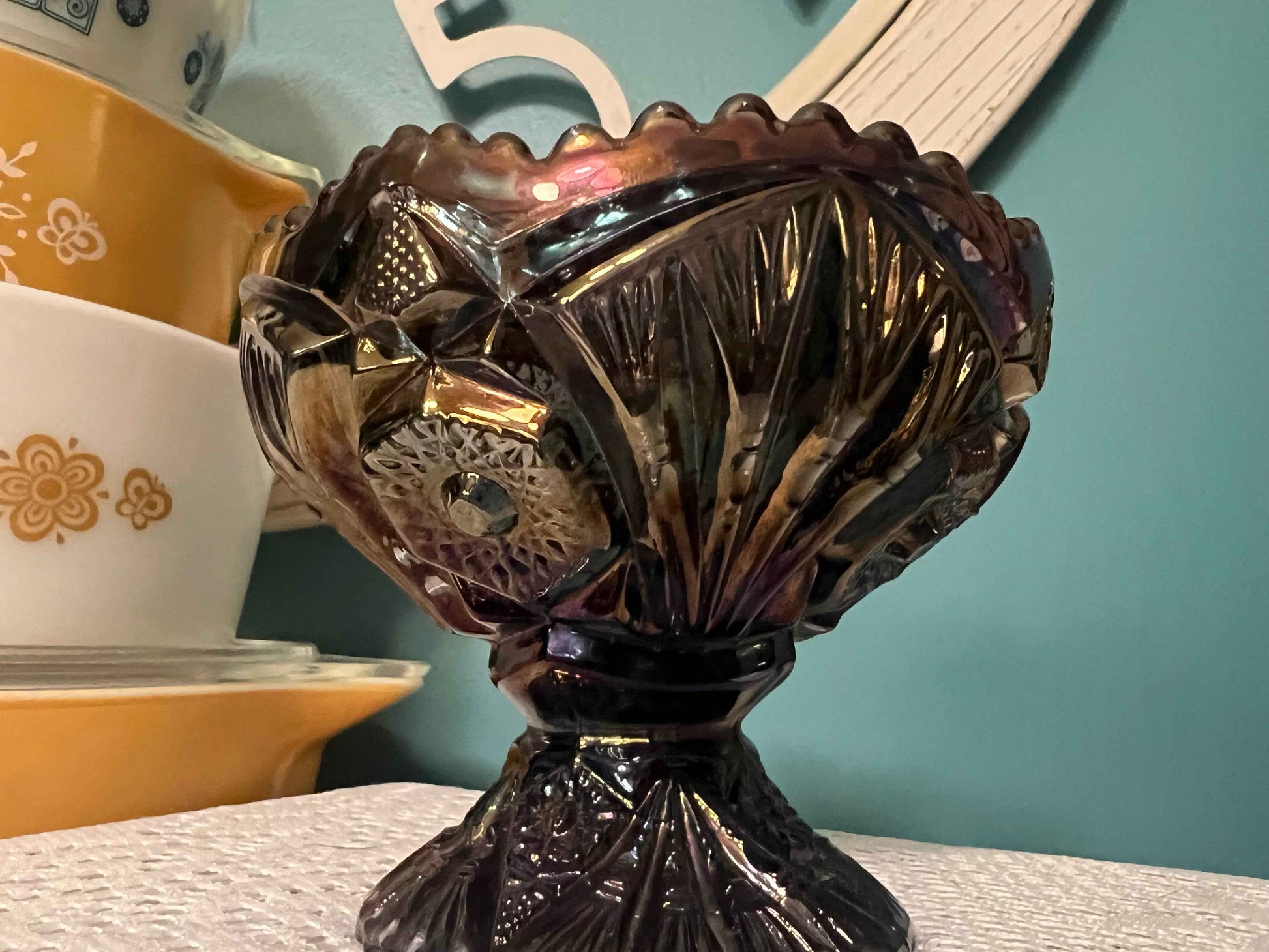 Imperial Carnival Glass Amethyst Hobstar Bowl | Sawtooth Rim Compote Candy Dish | Iridescent Pressed Glass