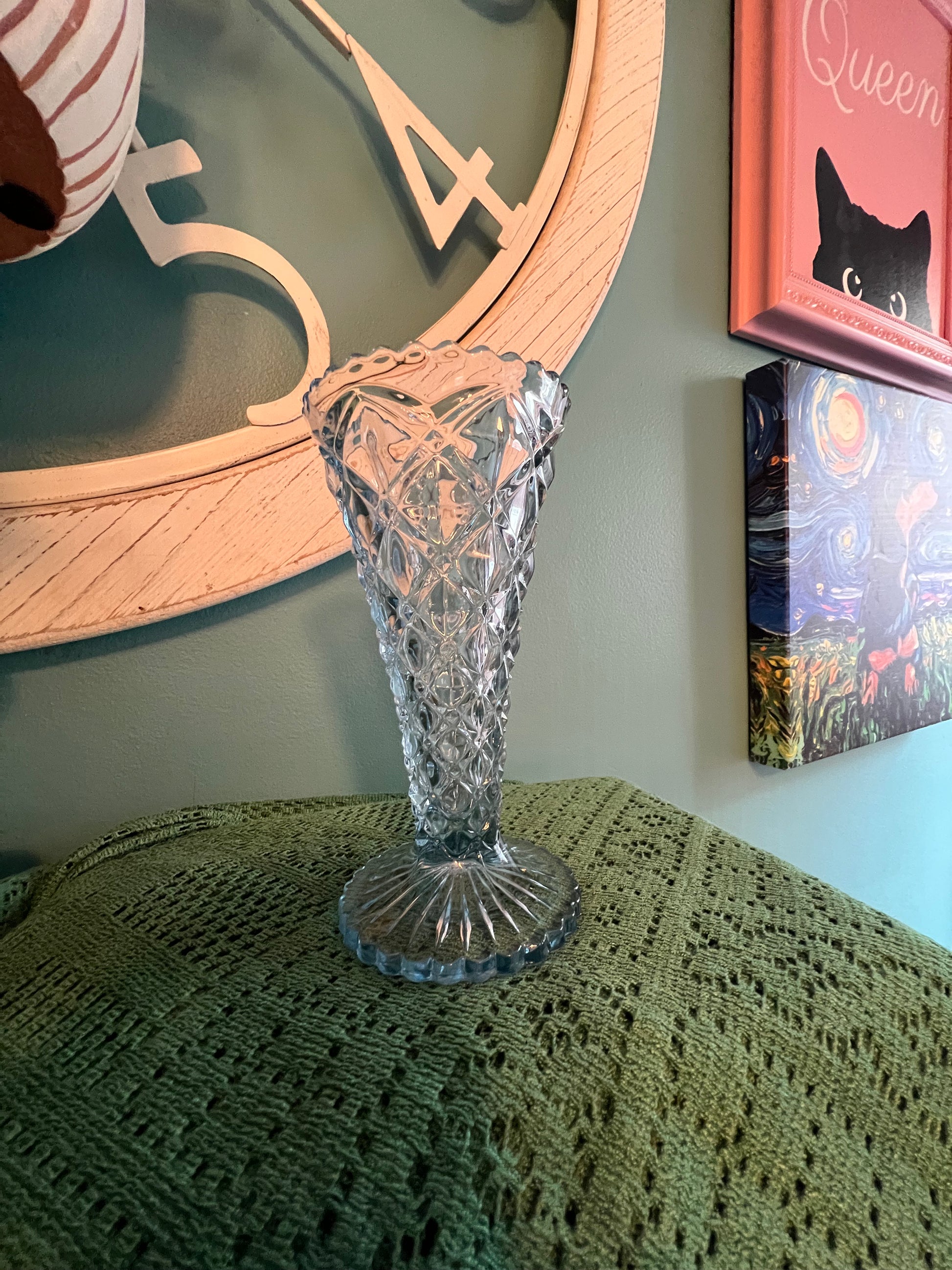 Vintage Imperial Glass Diamond Block light blue Depression Glass vase