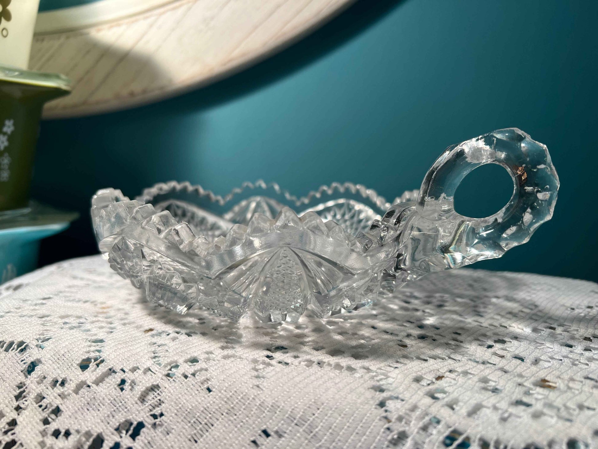 Vintage Imperial Glass Nucut Crystal Nappy Dish | Handled Candy Bowl | Cut Glass