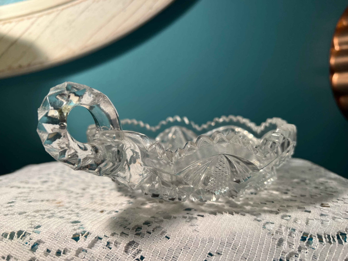 Vintage Imperial Glass Nucut Crystal Nappy Dish | Handled Candy Bowl | Cut Glass