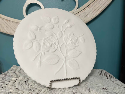 Imperial Glass Open Rose Satin Milk Glass Cake Plate | Vintage Glassware