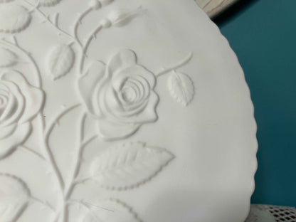 Imperial Glass Open Rose Satin Milk Glass Cake Plate | Vintage Glassware