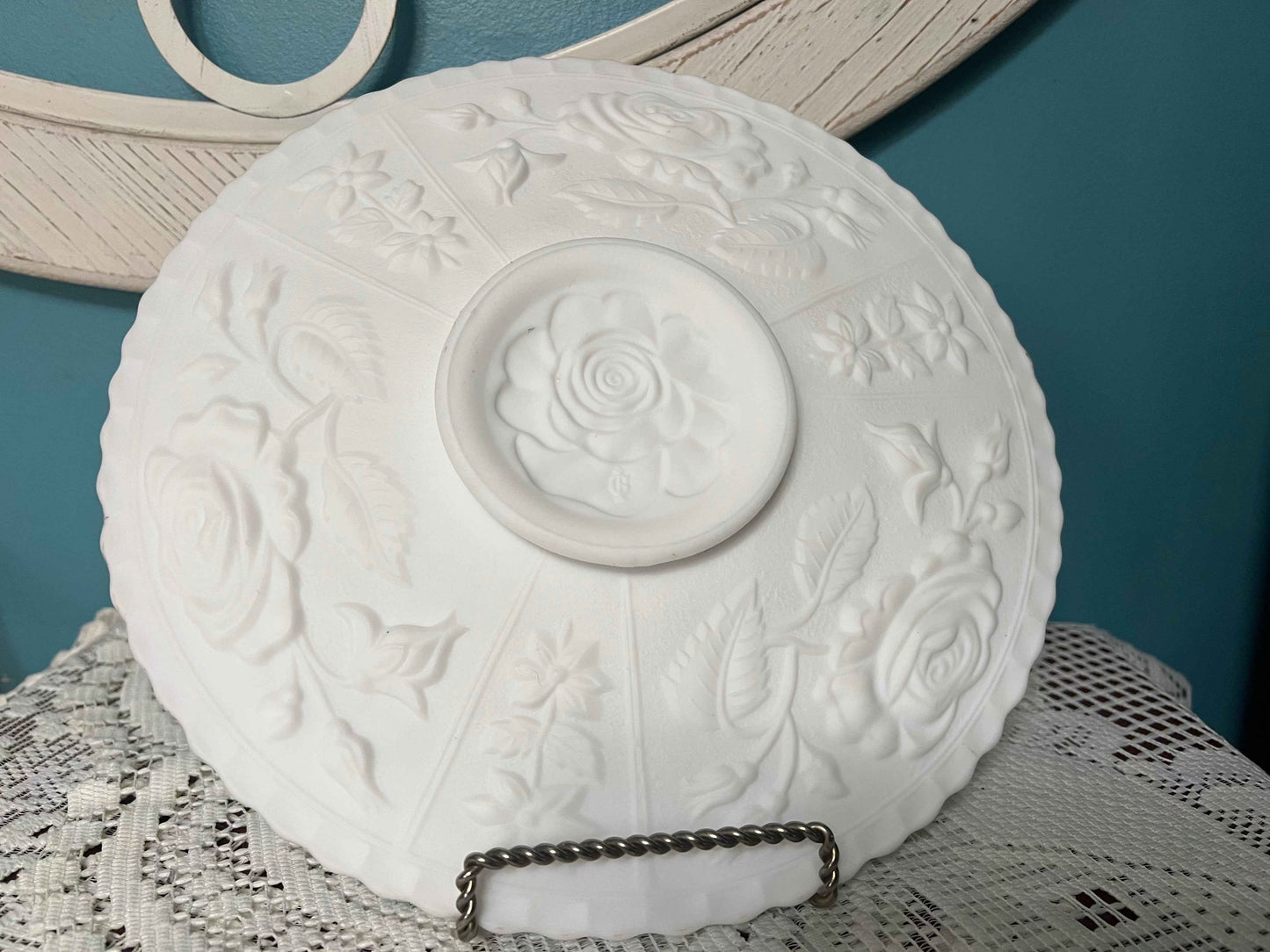 Imperial Glass Open Rose Satin Milk Glass Cake Plate | Vintage Glassware