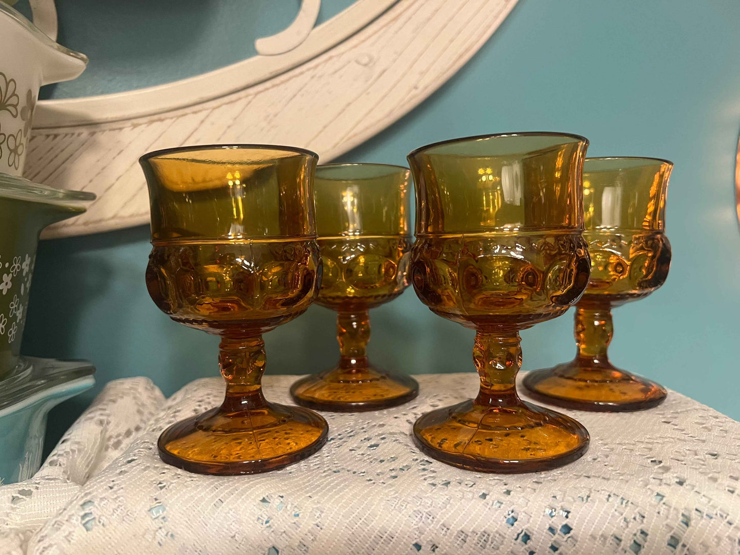 Vintage Indiana Glass Amber Goblets | Kings Crown Thumbprint | Set of 4