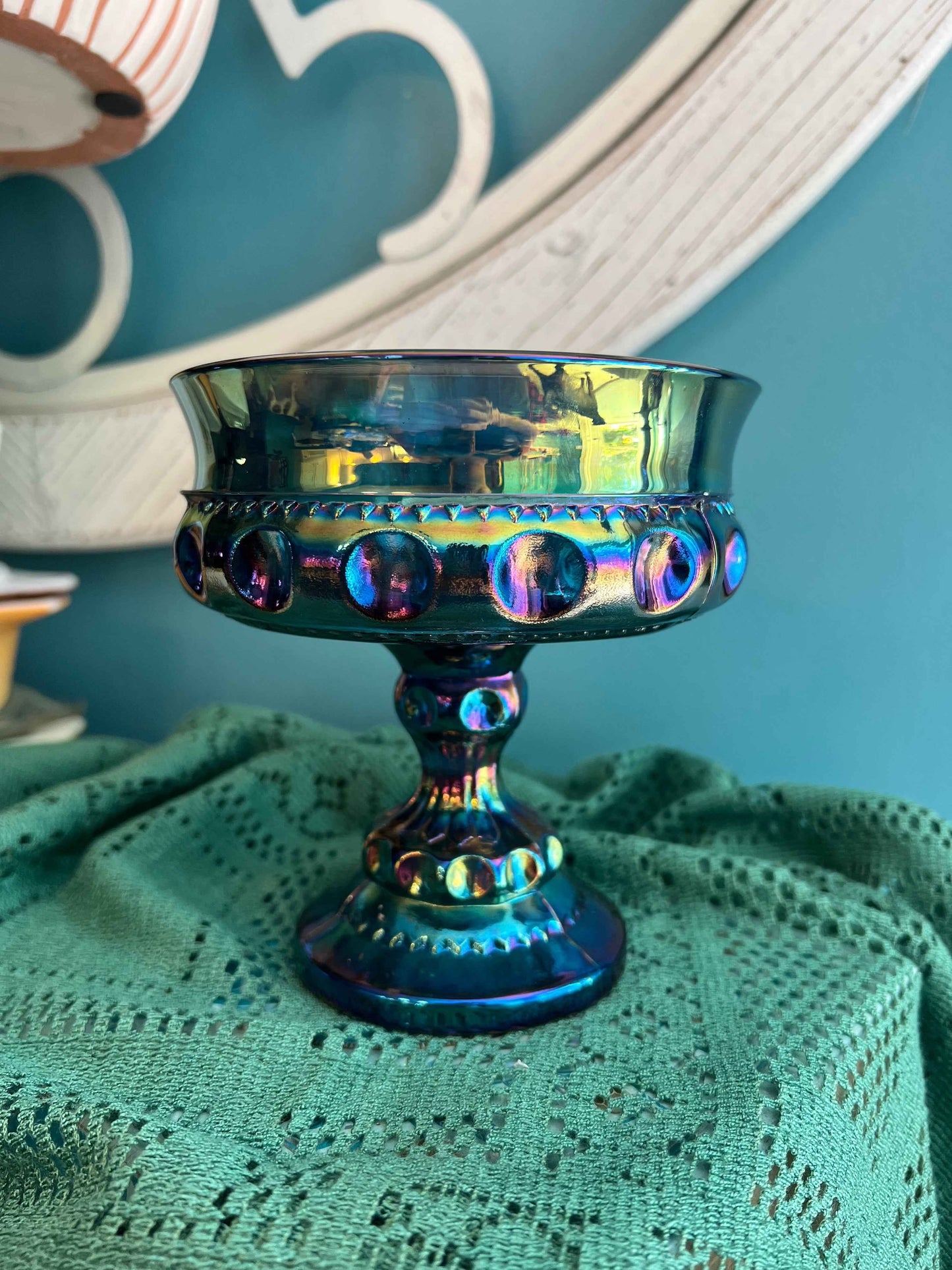 Vintage Indiana Iridescent Blue Carnival Glass Pedestal Bowl – Kings Crown Pattern