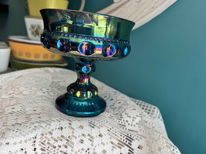 Vintage Indiana Iridescent Blue Carnival Glass Pedestal Bowl – Kings Crown Pattern
