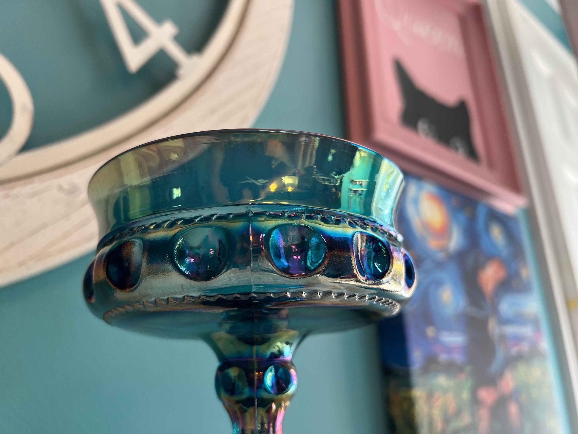 Vintage Indiana Iridescent Blue Carnival Glass Pedestal Bowl – Kings Crown Pattern