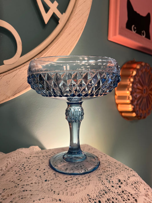 Vintage Indiana Glass Blue Diamond Point pedestal compote for candy or trinkets
