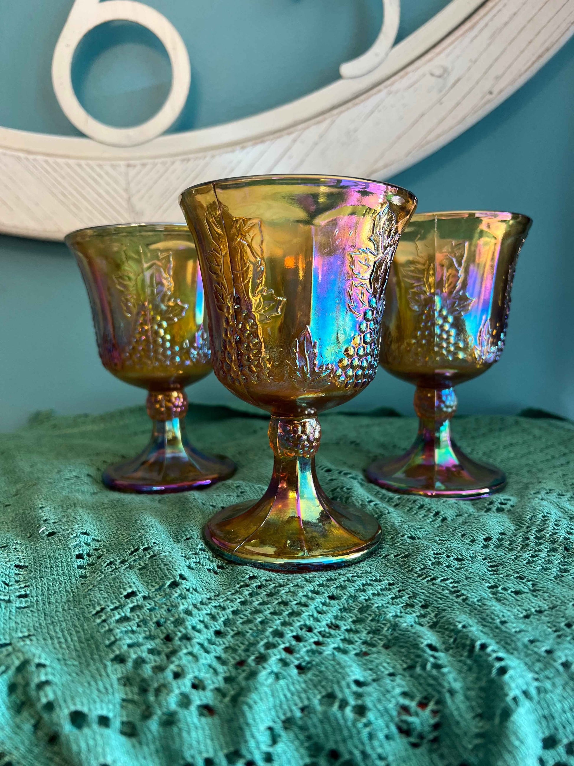 Indiana Carnival Glass Harvest Grape Goblet – Marigold Finish | Vintage Glassware