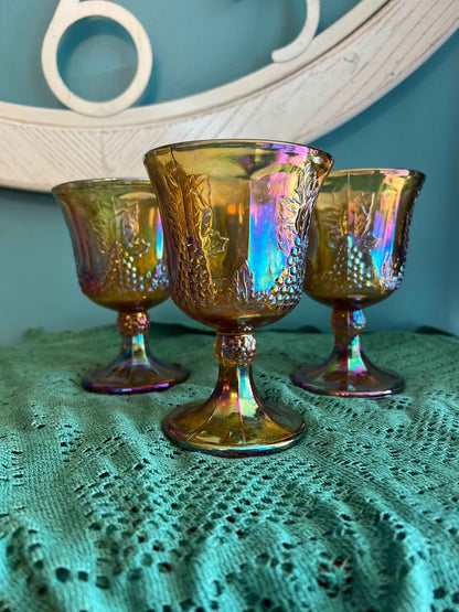 Indiana Carnival Glass Harvest Grape Goblet – Marigold Finish | Vintage Glassware
