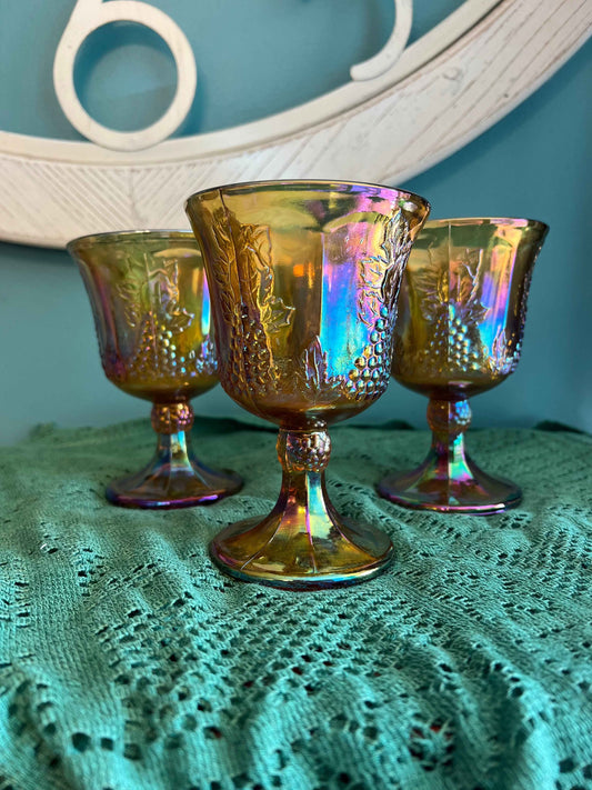 Indiana Carnival Glass Harvest Grape Goblet – Marigold Finish | Vintage Glassware