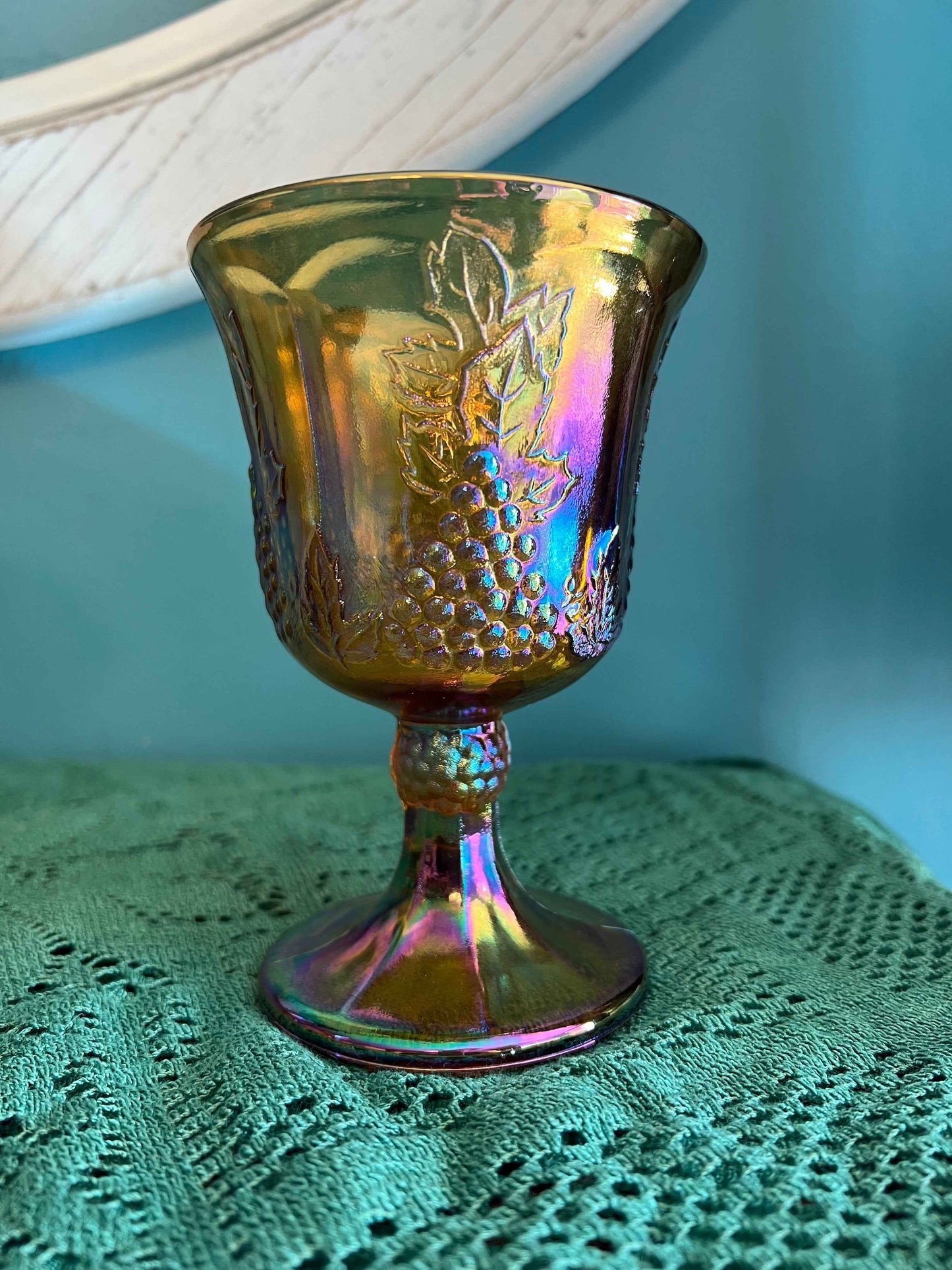 Indiana Carnival Glass Harvest Grape Goblet – Marigold Finish | Vintage Glassware
