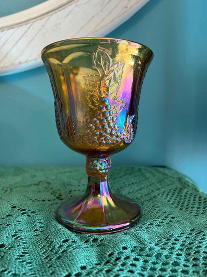 Indiana Carnival Glass Harvest Grape Goblet – Marigold Finish | Vintage Glassware
