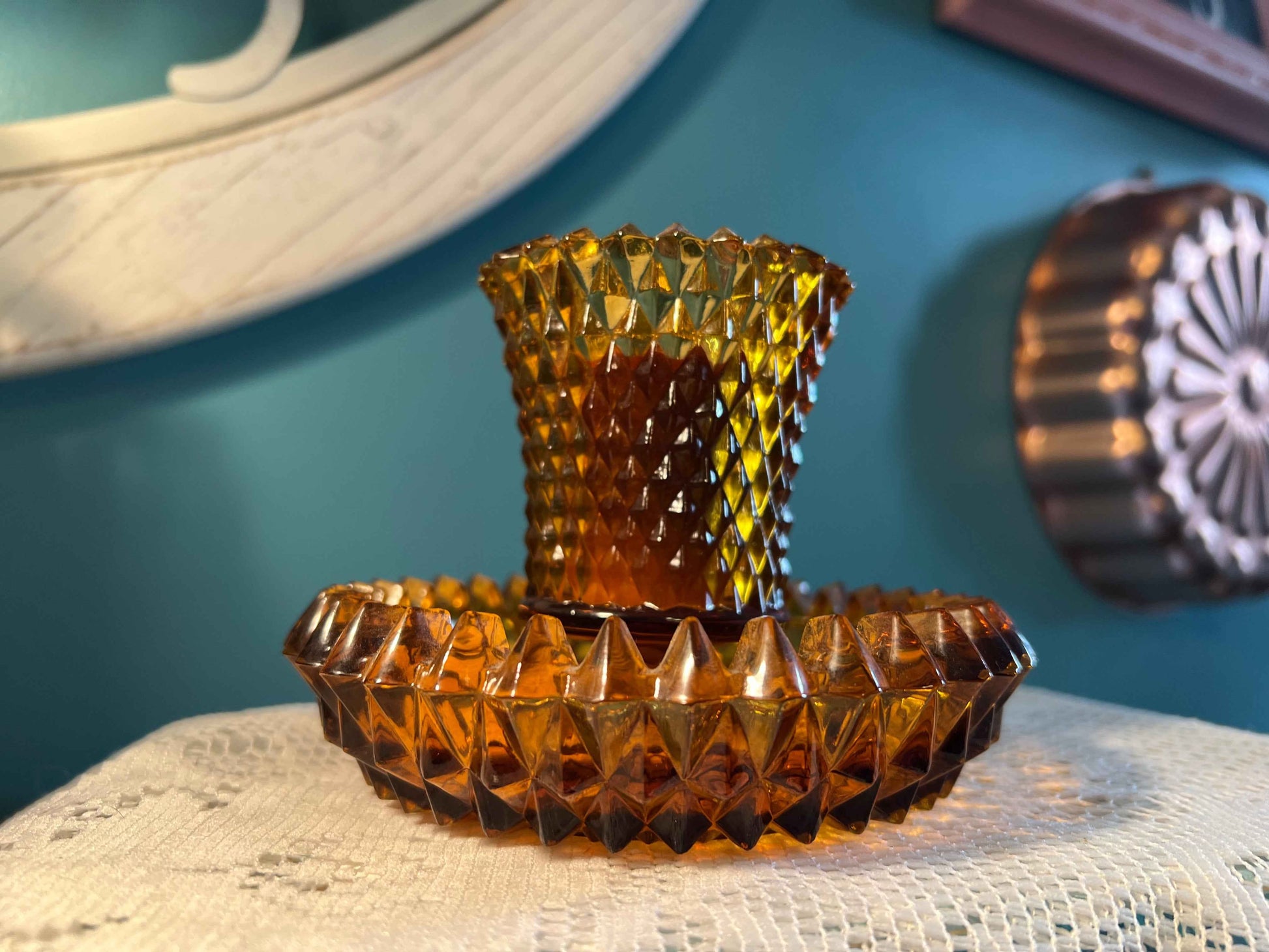 Indiana Glass Amber Diamond Point Candle Holder with Votive Cup | Vintage Glassware | Collectible Home Decor