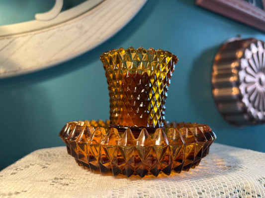 Indiana Glass Amber Diamond Point Candle Holder with Votive Cup | Vintage Glassware | Collectible Home Decor