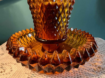 Indiana Glass Amber Diamond Point Candle Holder with Votive Cup | Vintage Glassware | Collectible Home Decor