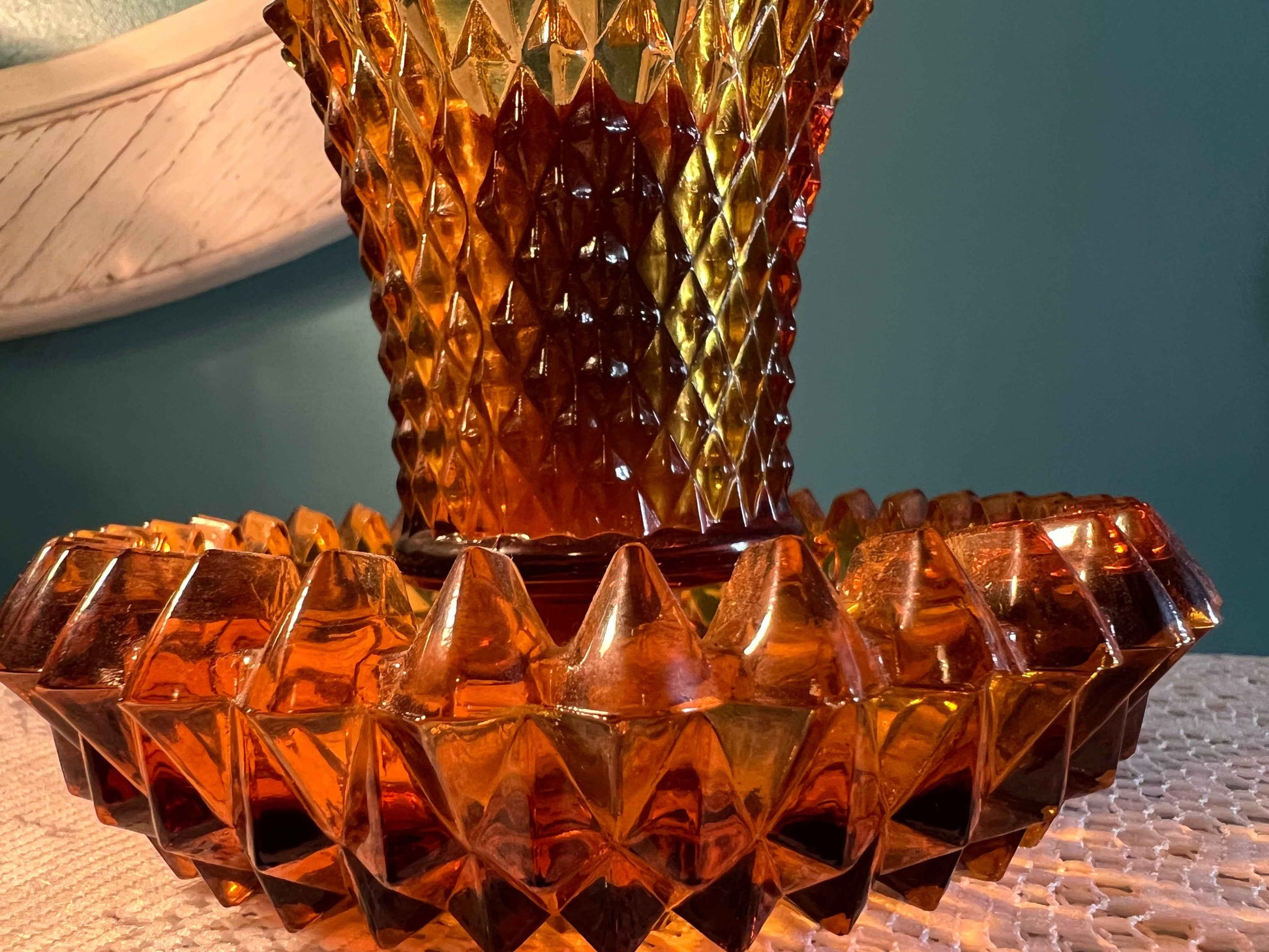 Indiana Glass Amber Diamond Point Candle Holder with Votive Cup | Vintage Glassware | Collectible Home Decor