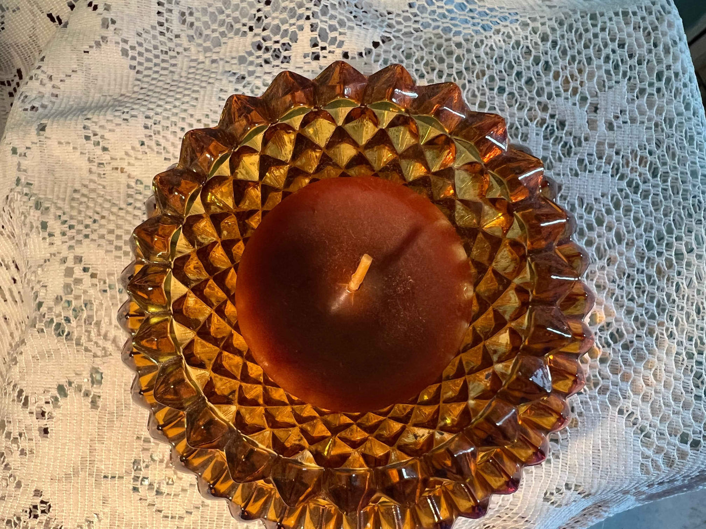 Indiana Glass Amber Diamond Point Candle Holder with Votive Cup | Vintage Glassware | Collectible Home Decor