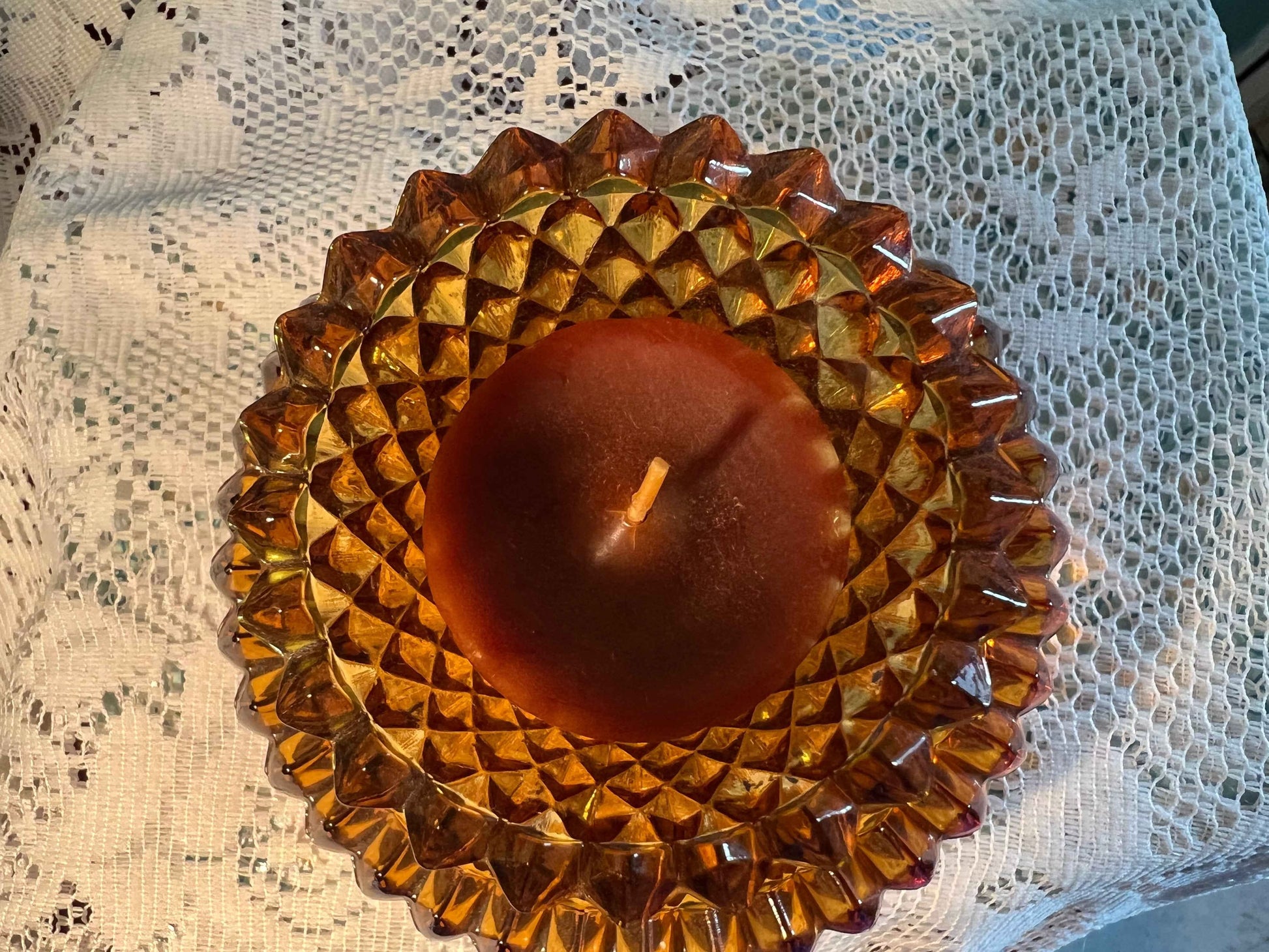 Indiana Glass Amber Diamond Point Candle Holder with Votive Cup | Vintage Glassware | Collectible Home Decor