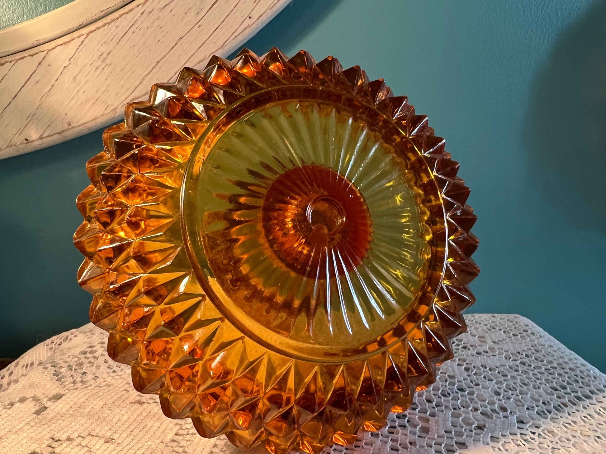 Indiana Glass Amber Diamond Point Candle Holder with Votive Cup | Vintage Glassware | Collectible Home Decor