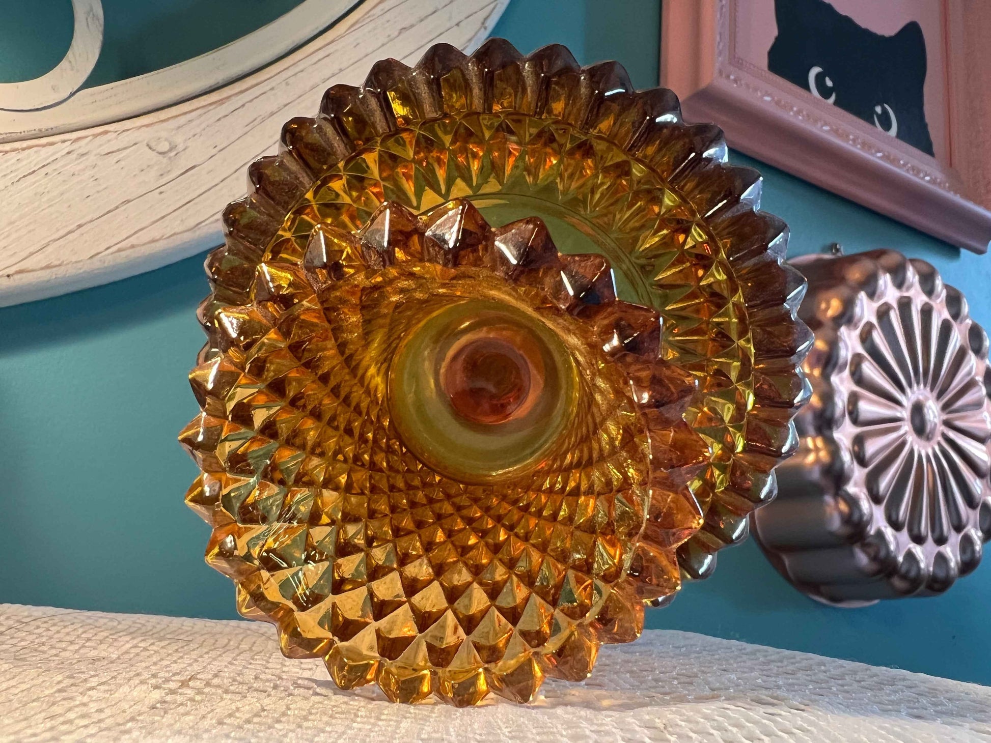 Indiana Glass Amber Diamond Point Candle Holder with Votive Cup | Vintage Glassware | Collectible Home Decor