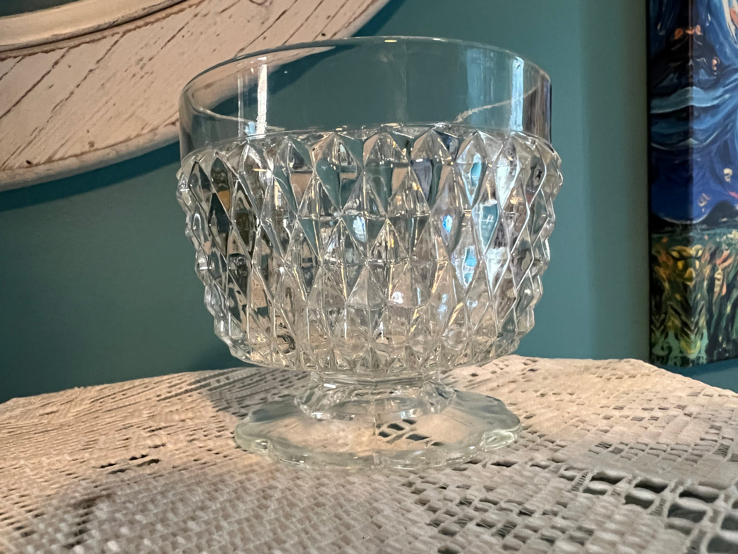 Mid-century Indiana Glass Diamond Point pressed glass pedestal