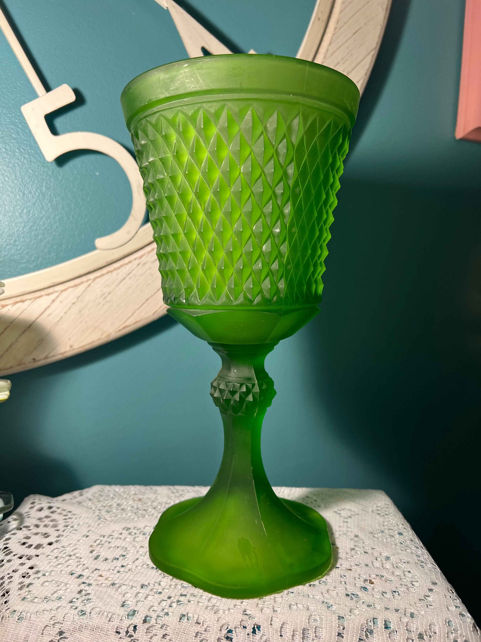 Vintage Indiana Glass Diamond Point Pedestal Vase | Frosted Green Pressed Glass 11”