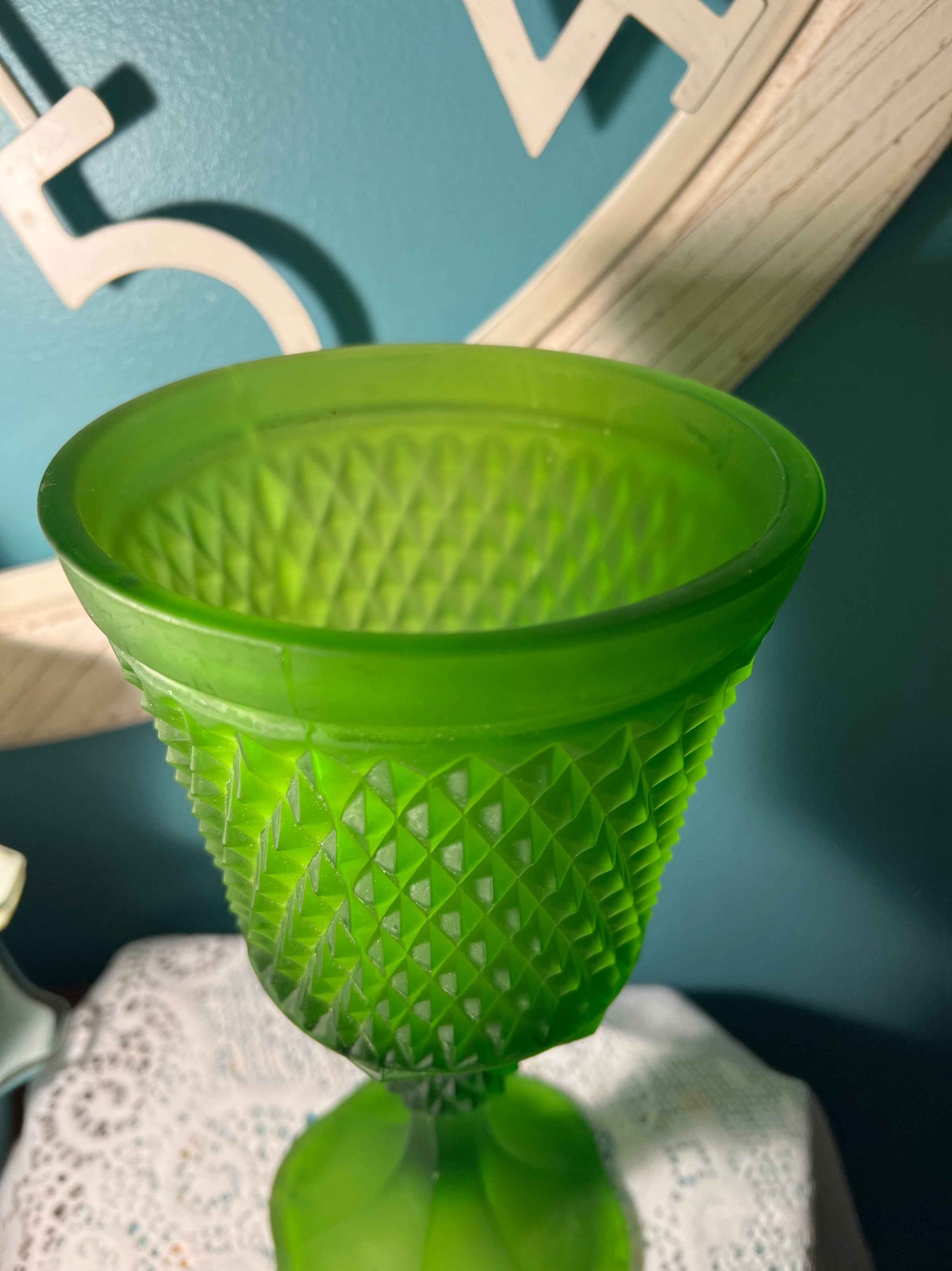 Vintage Indiana Glass Diamond Point Pedestal Vase | Frosted Green Pressed Glass 11”
