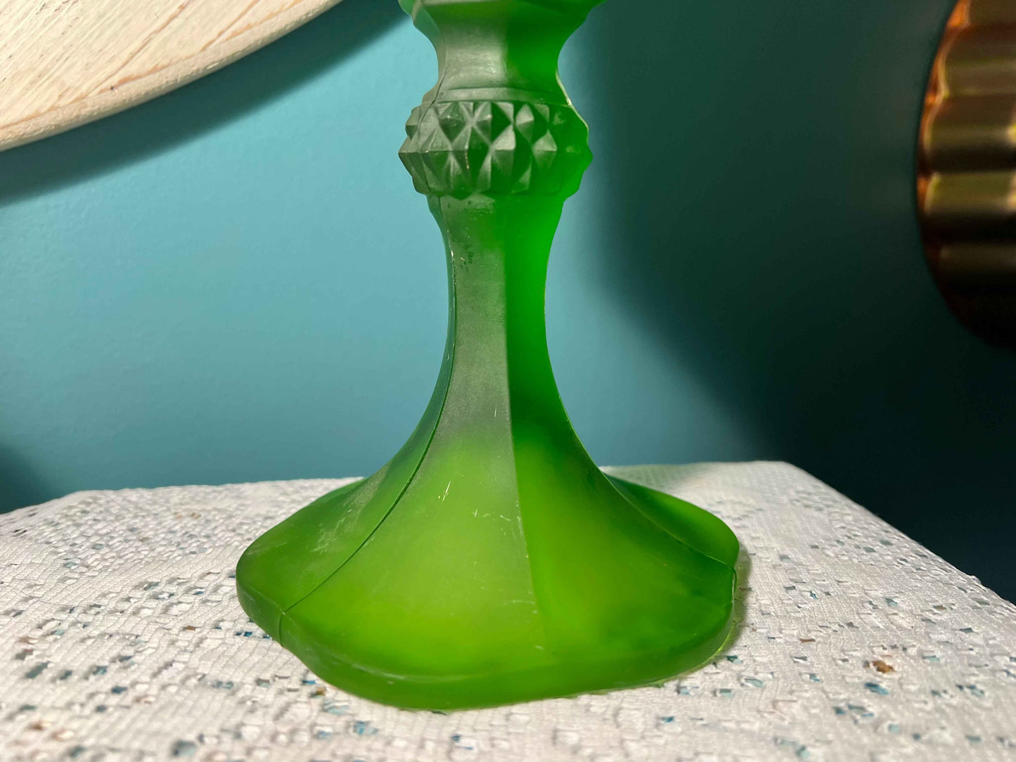 Vintage Indiana Glass Diamond Point Pedestal Vase | Frosted Green Pressed Glass 11”