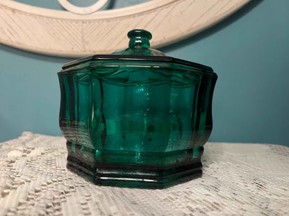 Vintage Indiana Glass Emerald Green Octagon Lidded Candy Dish | Vintage Glassware