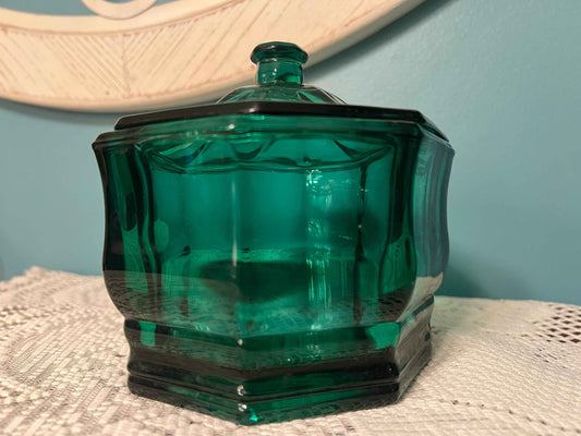 Vintage Indiana Glass Emerald Green Octagon Lidded Candy Dish | Vintage Glassware