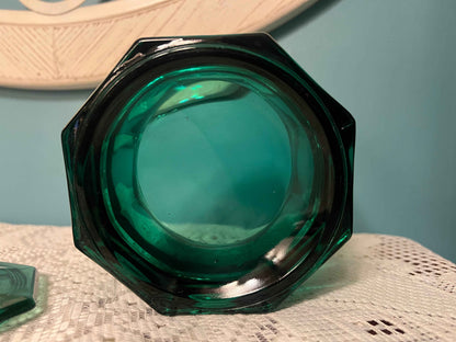 Vintage Indiana Glass Emerald Green Octagon Lidded Candy Dish | Vintage Glassware