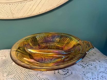 Vintage Indiana Glass Killarney Marigold Carnival Glass Divided Relish Dish