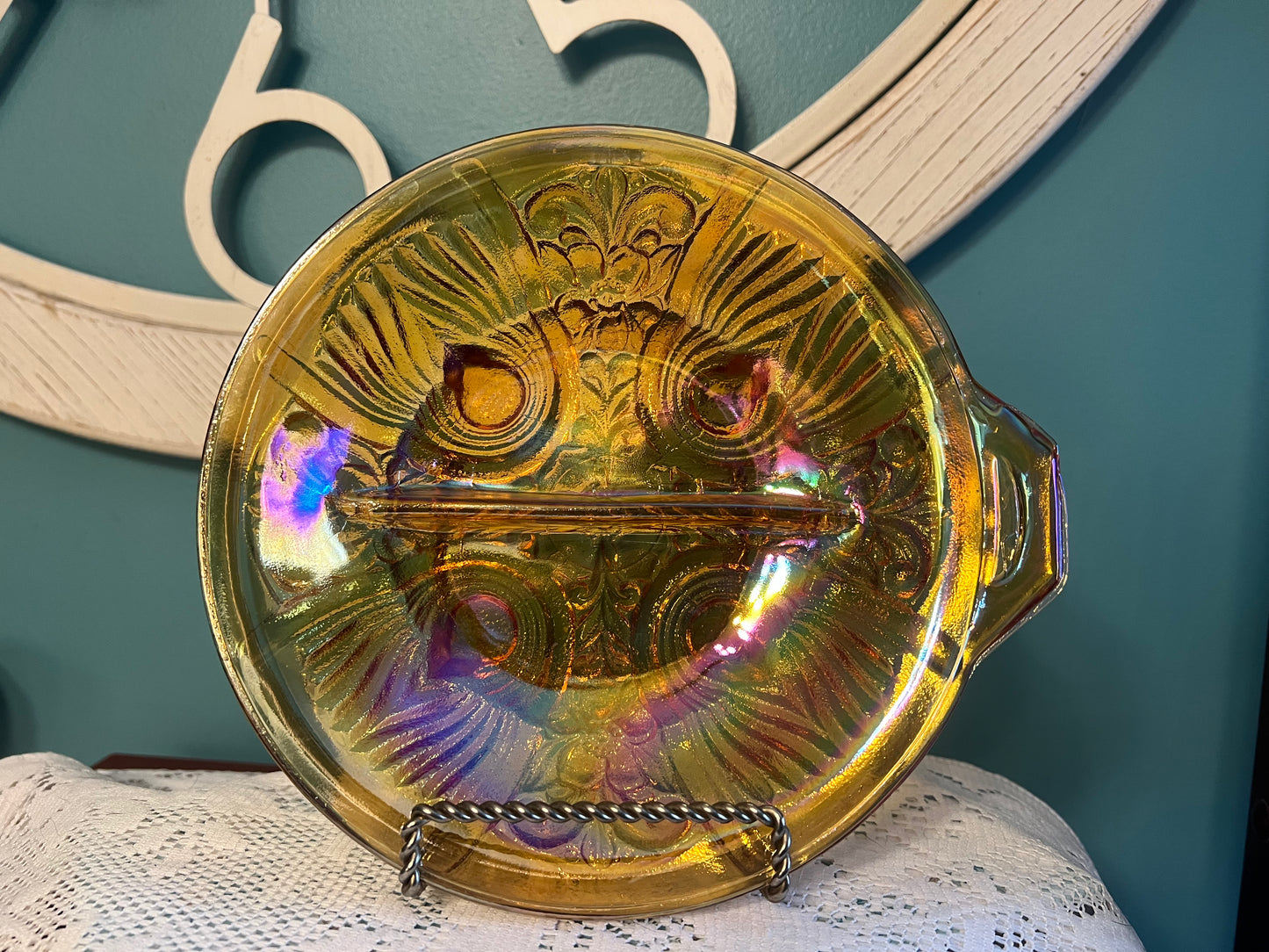 Vintage Indiana Glass Killarney Marigold Carnival Glass Divided Relish Dish