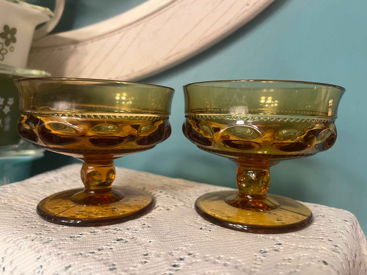 Vintage Indiana Glass Amber Kings Crown Champagne Coupes | Set of 2 | MCM Glassware