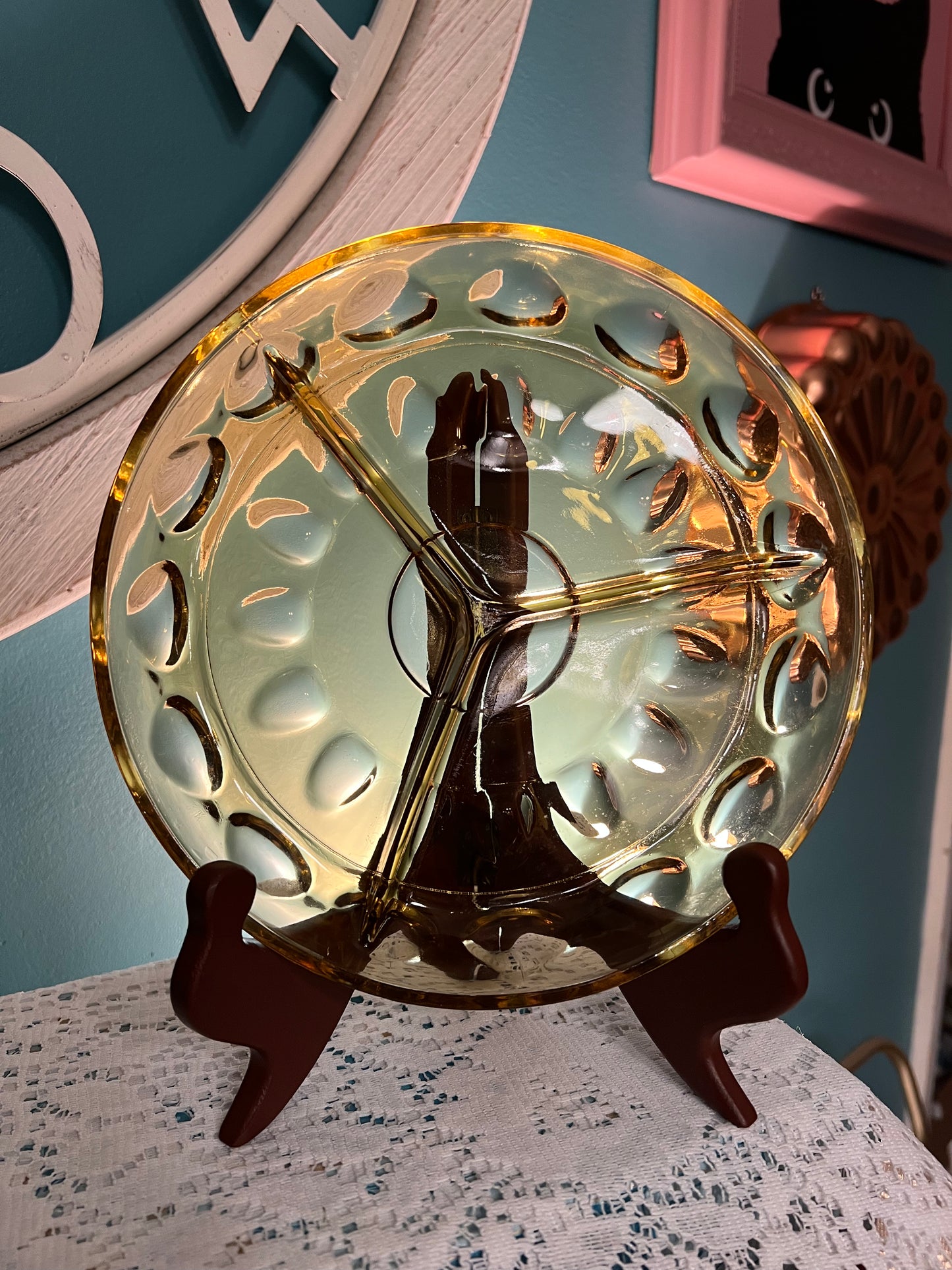 Vintage Indiana Glass Kings Crown amber divided relish dish for mid-century entertaining