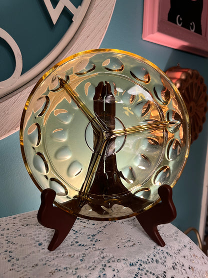 Vintage Indiana Glass Kings Crown amber divided relish dish for mid-century entertaining