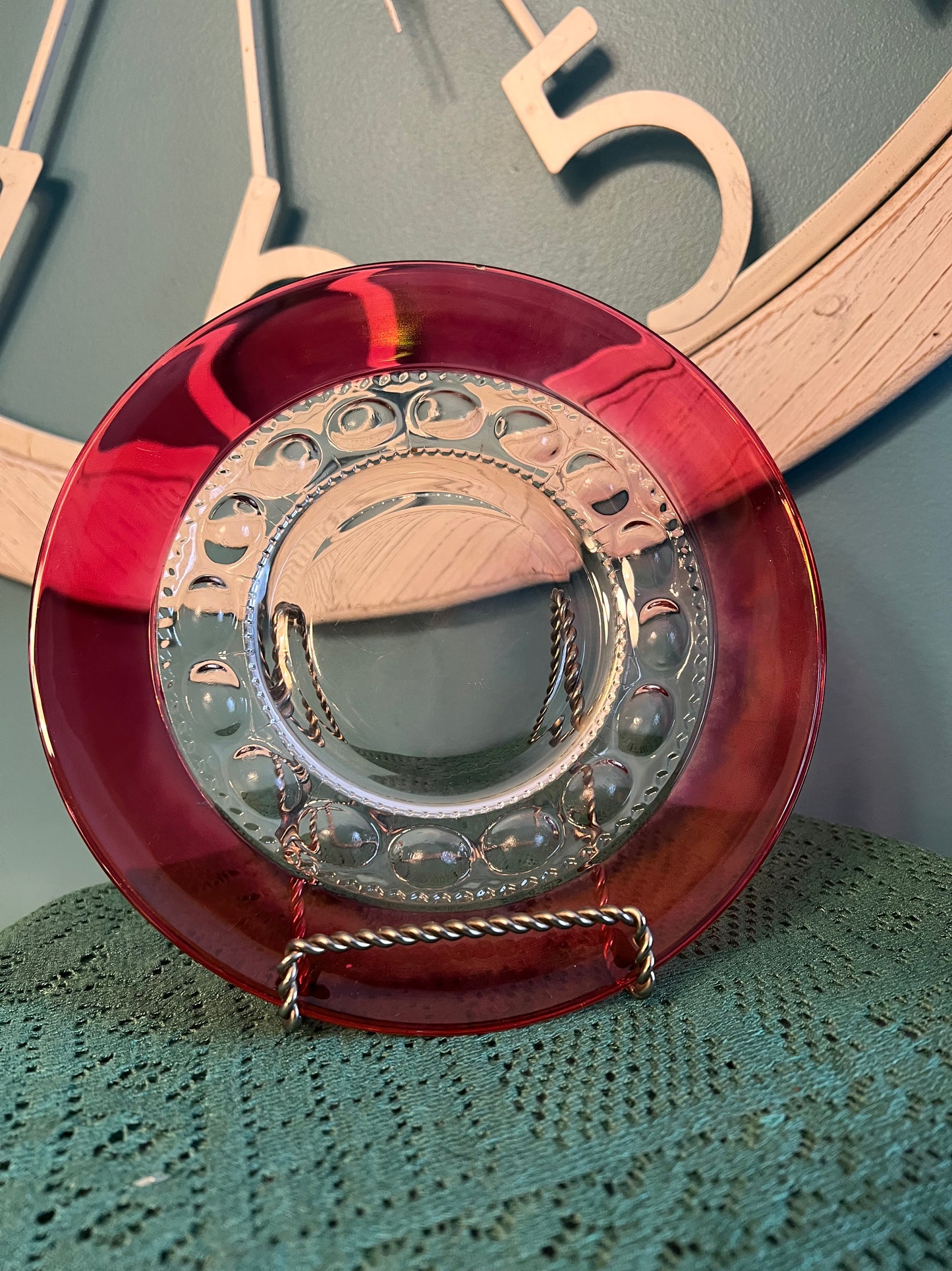 Vintage Ruby Red King’s Crown Thumbprint Indiana Glass 8¼" Salad or Bread Plate