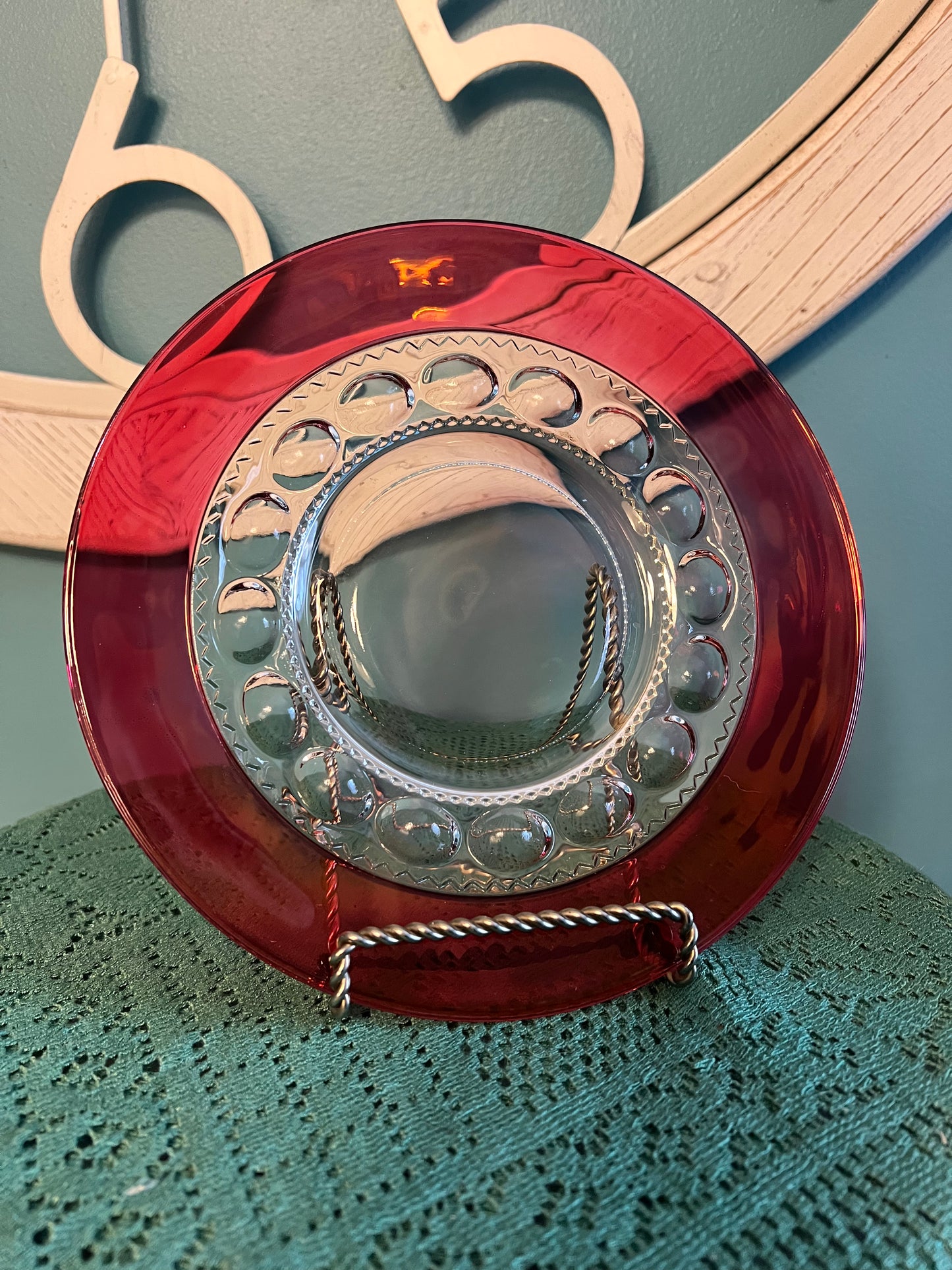 Vintage Ruby Red King’s Crown Thumbprint Indiana Glass 8¼" Salad or Bread Plate